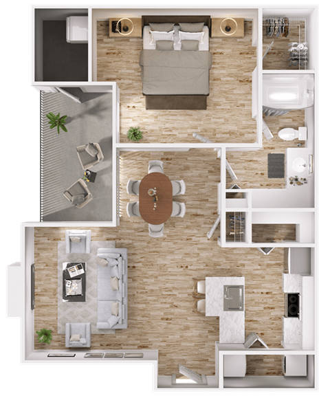 Floor plan for 1 bed, 1 bath, 700 sqft